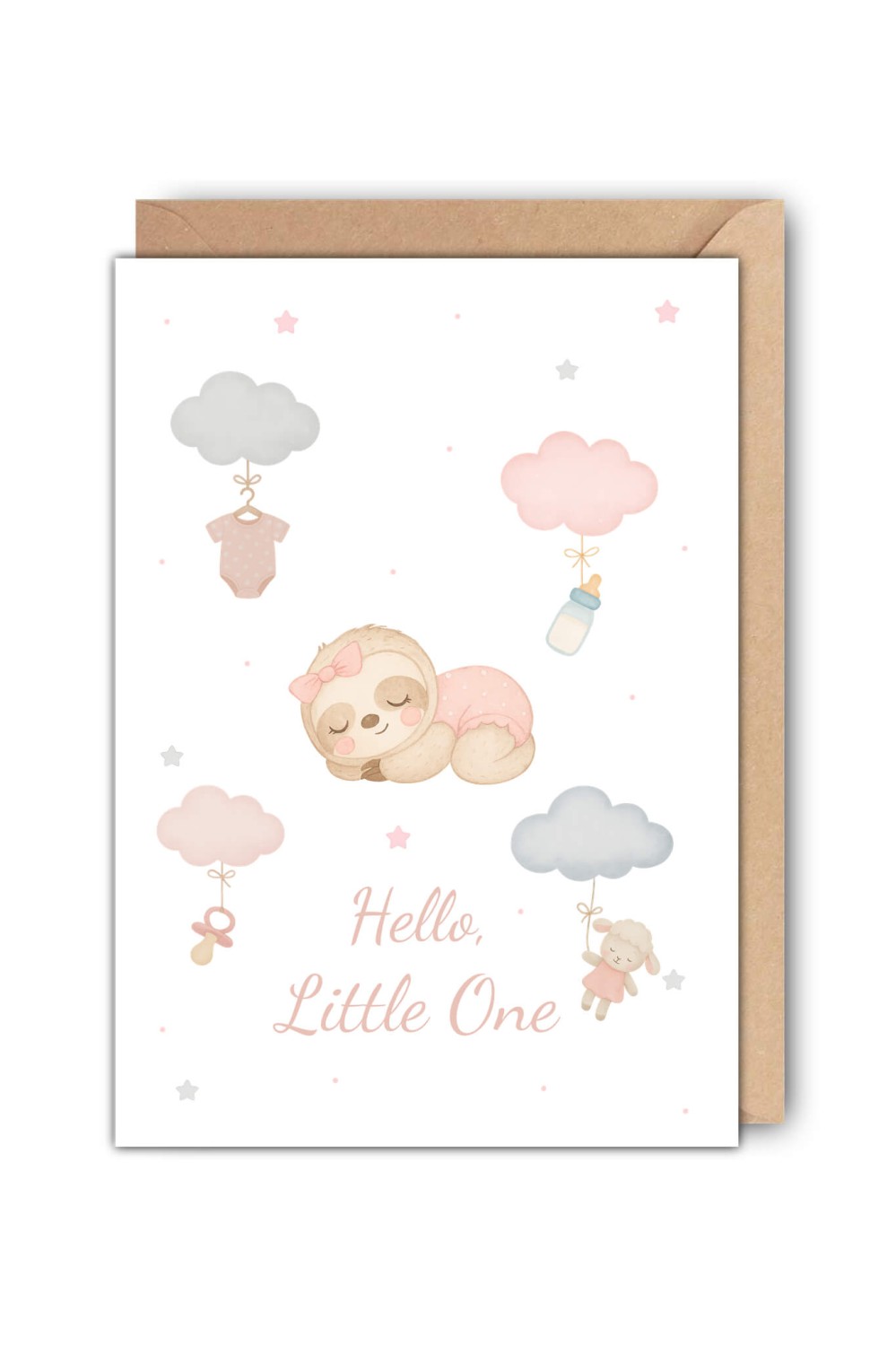 Kartka na narodziny Hello Little One dla dziewczynki z motywem leniwca