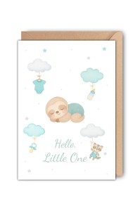 Kartka na narodziny Hello Little One dla chłopca z motywem leniwca